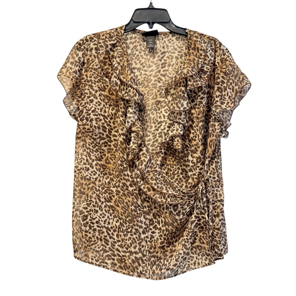 Lane Bryant Short Sleeve‎ Leopard Print Ruffle Wrap Blouse Brown Size 18/20